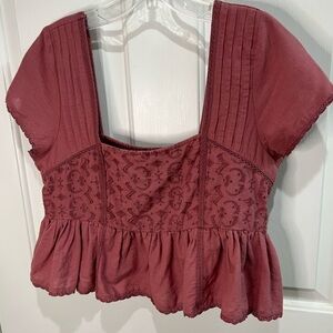 American Eagle mauve embroidered cotton linen cropped boho cottage core top S